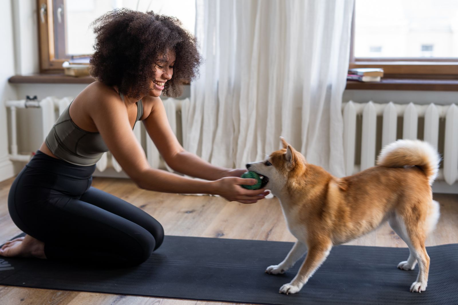 A pet owner sharing a playful moment with her dog in a bright modern home
