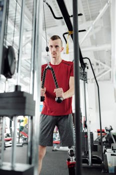 Determined man with a prosthetic leg exercising in a gym using strength equipment.