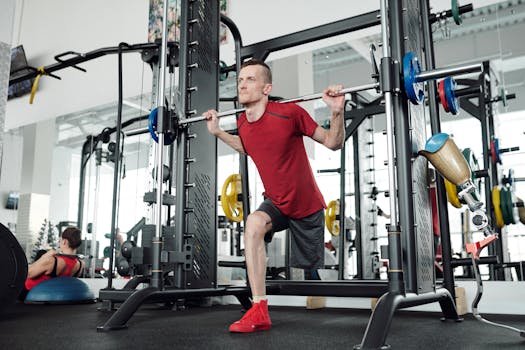 A focused man with a prosthetic leg performing a barbell workout in a modern gym setting.