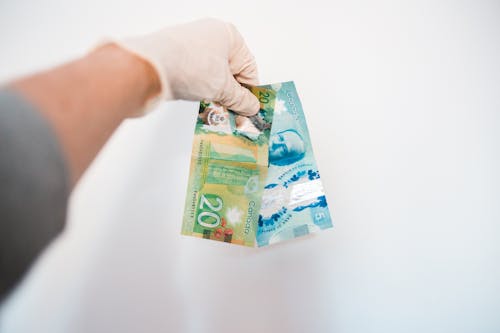 Crop anonymous male in sterile glove demonstrating different paper bills with image of President and colorful illustrations with numbers near white wall at home