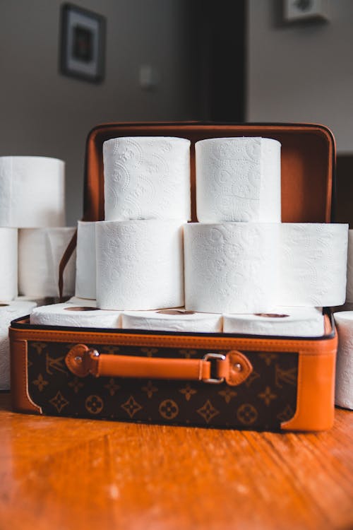 Toilet paper rolls in suitcase on bright parquet in flat