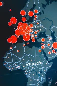 Vector image of digital map representing Africa and Europe continents with wavy lines and bright round marks on device screen