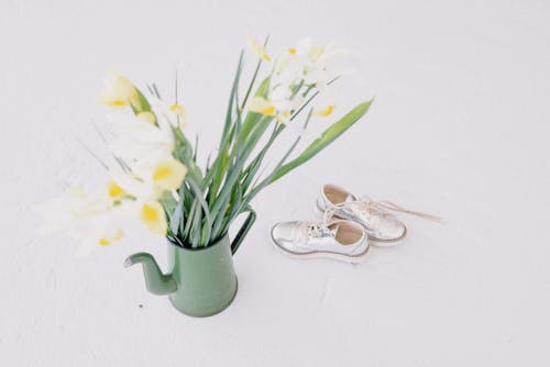 Flower bouquet in pitcher near glossy sneakers on white background