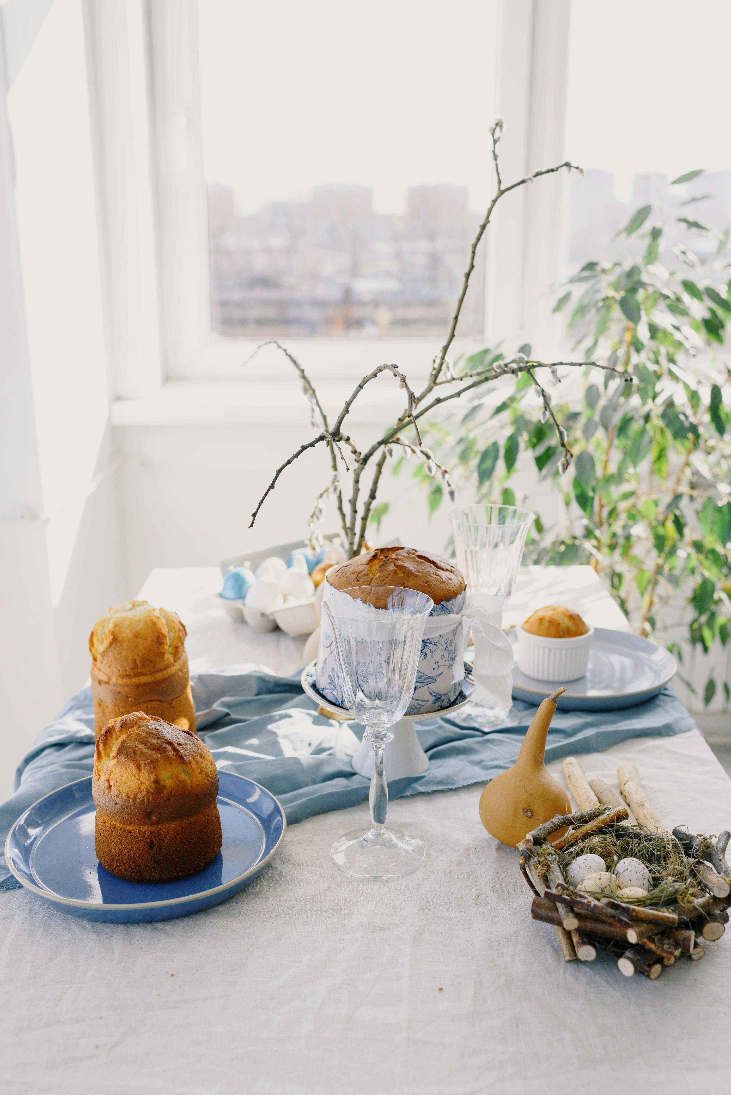 easter table in apartment opposite window