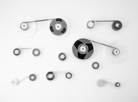 Flat lay of vintage reel-to-reel tapes in black and white on a white background.
