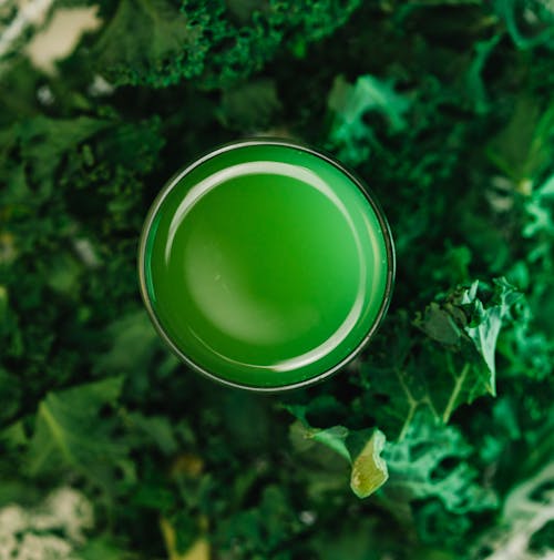 Top view of glass full of bright vitamin green juice with shiny surface near fresh curly lettuce leaves