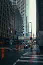 雨后，明尼阿波利斯市中心高楼林立，街景倒影交织，显得变幻莫测