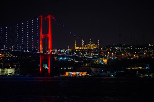 A Suspension Bridge and City Lights in Istanbul during Nighttime