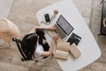Young lady typing on keyboard of laptop in living room