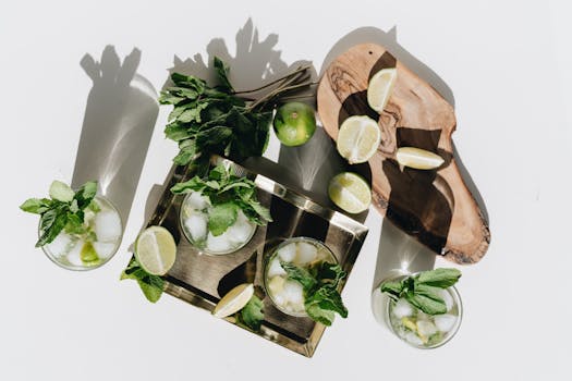 Fresh mojito drinks with lime and mint arranged on a metal tray for a summery refreshment.