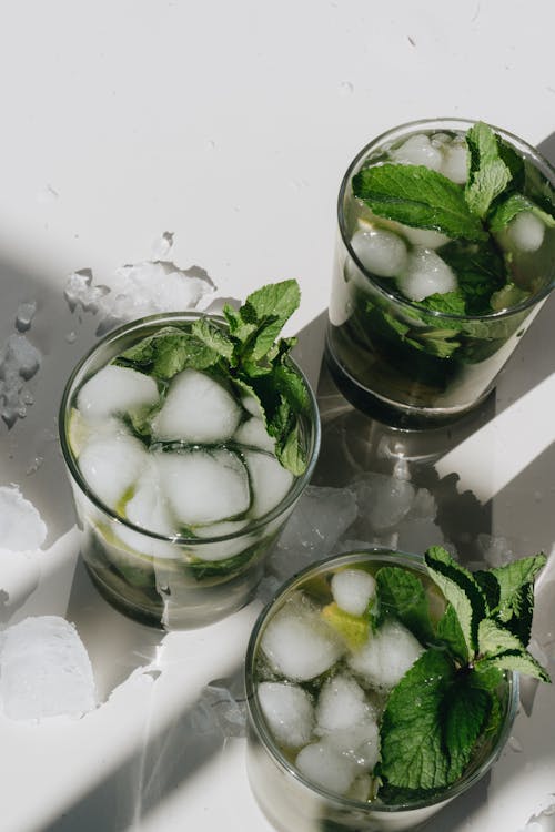 Close-Up Photo Of Mint Leaves On Glasses