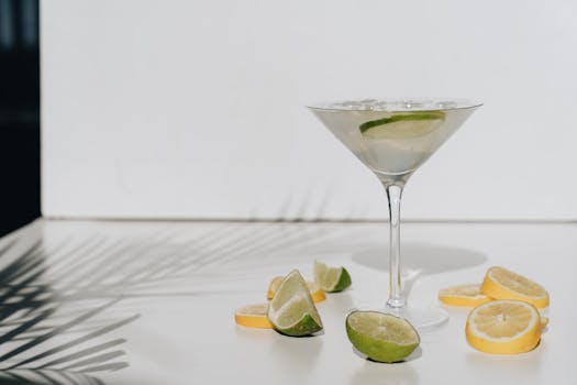 Refreshing cocktail with lime and lemon slices on a bright, minimalistic background.