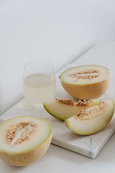 Delicious cantaloupe slices with juice on a marble surface. A healthy and refreshing snack.