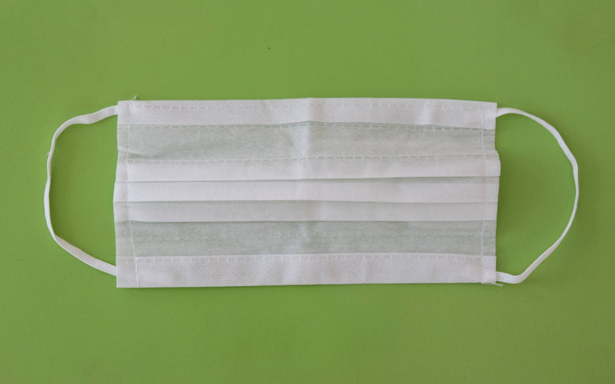Plain white surgical face mask laid on a vibrant green background.