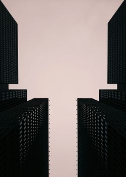 Moody perspective of towering skyscrapers against the evening sky.