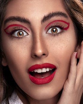 Close-up portrait showcasing bold red makeup and a surprised expression.