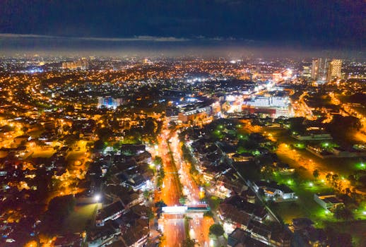An illuminated aerial view of Banten, Indonesia at night showcasing modern cityscapes.