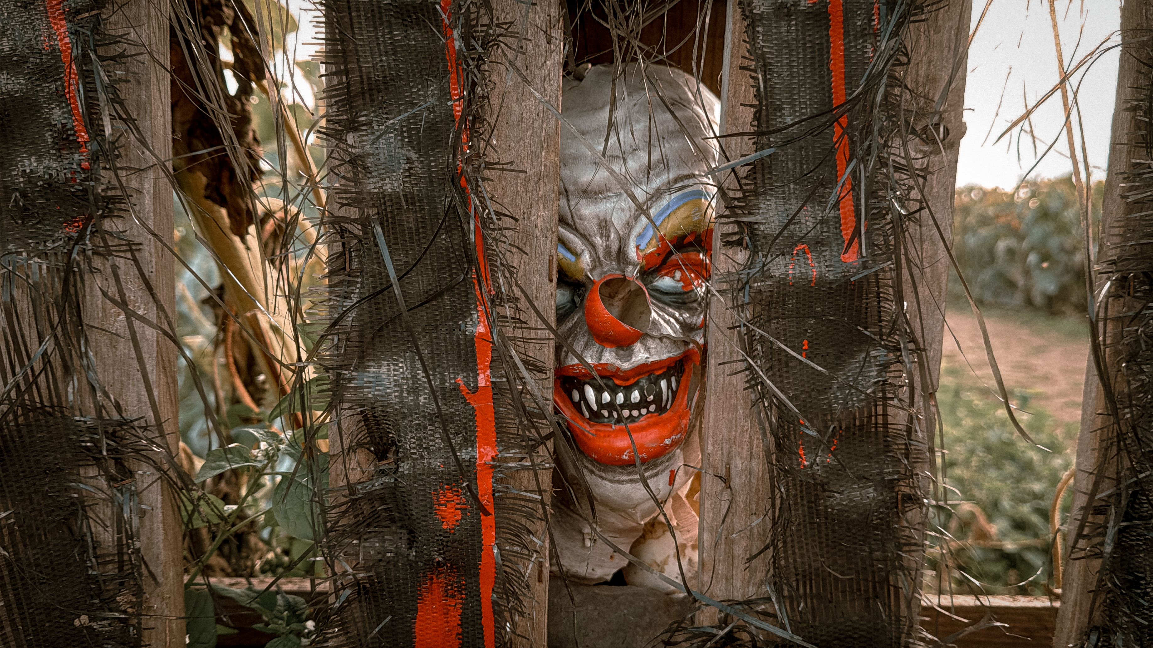 Creepy Clown Mask in Rustic Wooden Fence · Free Stock Photo