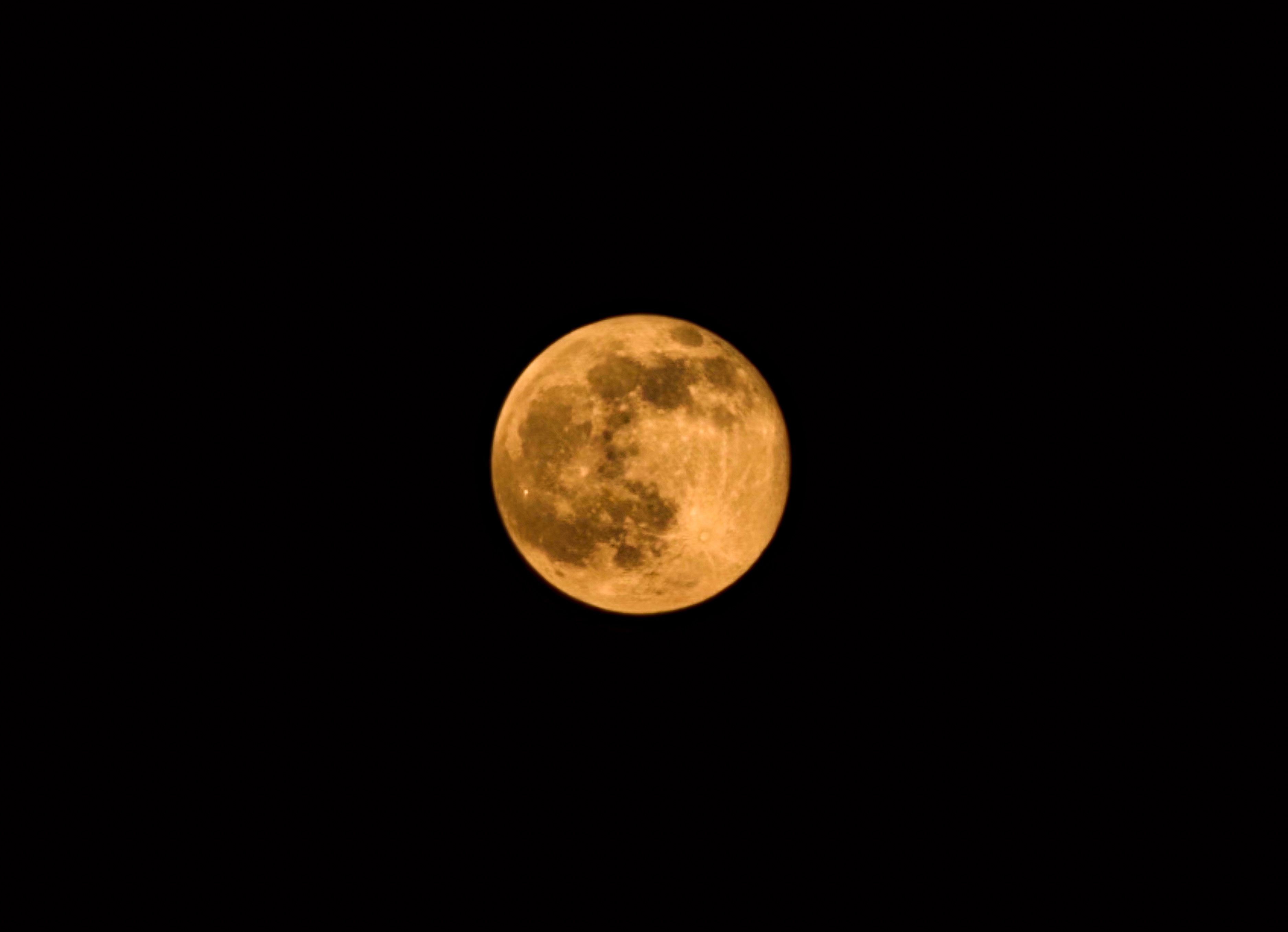 A vivid full moon illuminates the dark night sky, showcasing its detailed craters and surface features.