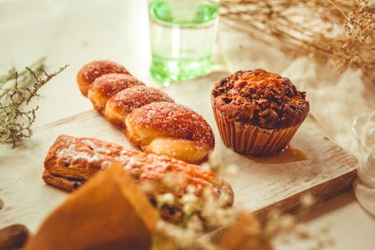 Freshly baked pastries, including a muffin and sweet rolls, arranged on a rustic wooden board.
