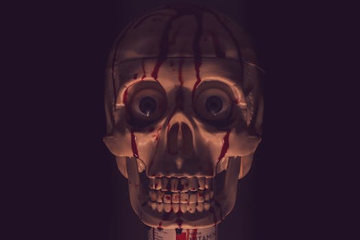 A spooky skull with blood drips, perfect for Halloween or horror themes.