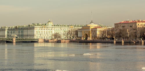 Amazing architecture of historic buildings and Hermitage Museum located on river shore in Saint Petersburg
