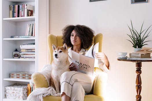 Woman reading a magazine at home with her Shiba Inu dog on a cozy chair.