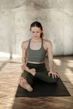 Young woman in yoga pose, embracing wellness in a calm indoor environment.