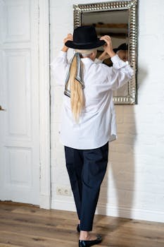 A senior woman with long hair in a white shirt adjusts her hat in front of a mirror.