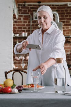 高级女性在舒适的厨房里拍摄健康膳食，强调天然食物和生活方式