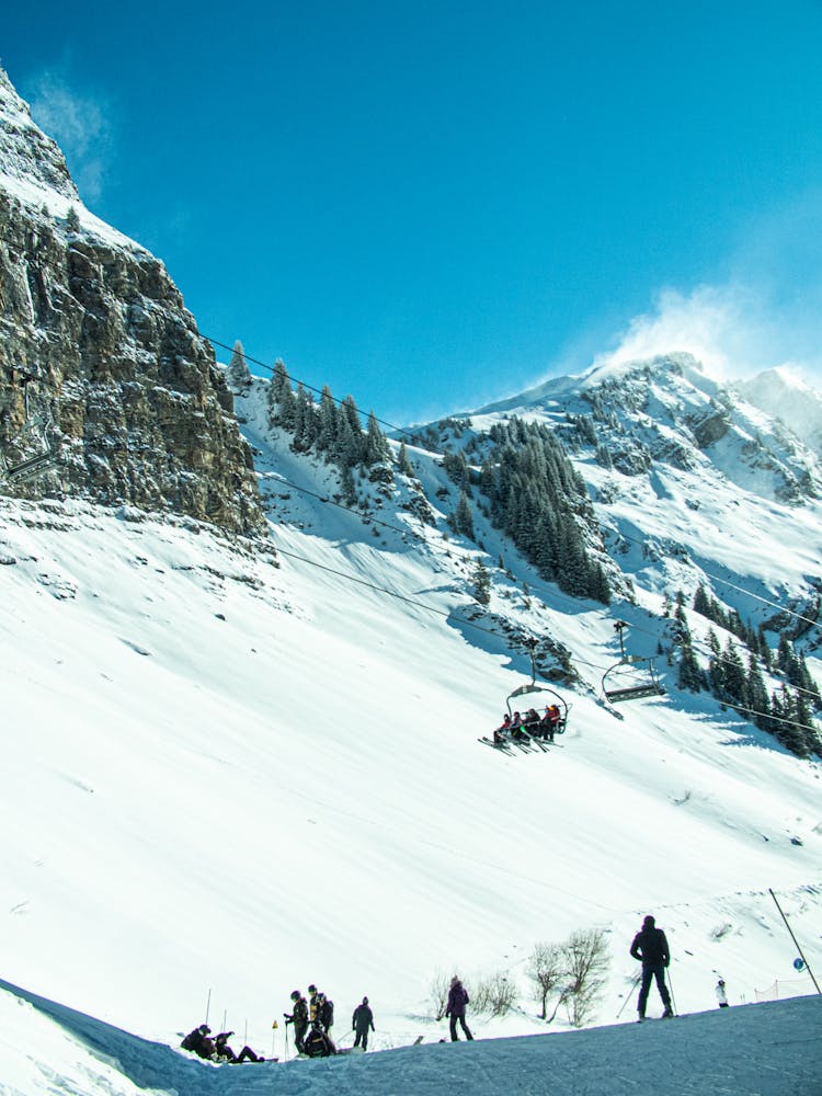 People On Ski Lift On  Snow Covered Mountain