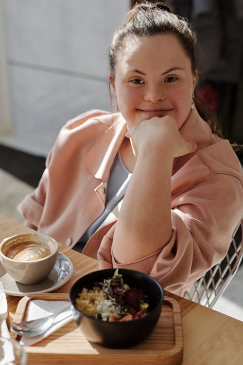 Free Woman Having Coffee and Rice Bowl Stock Photo