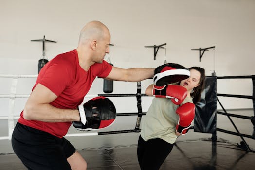 Two people engage in boxing training at a gym, showcasing inclusivity and fitness.