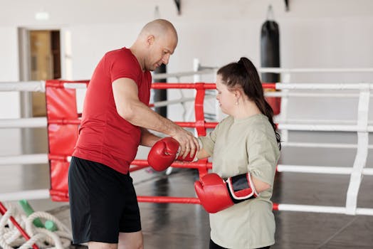 A trainer assists a woman with Down syndrome in a boxing gym, promoting inclusive fitness.