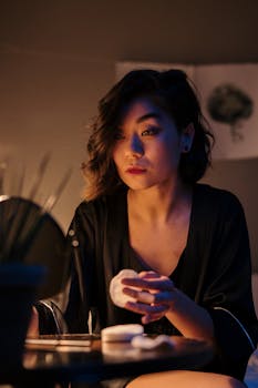 A woman removes makeup by neon light, creating a cozy home mood.