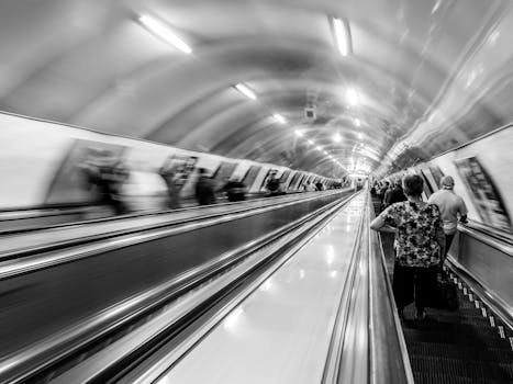 Black and white image of people on a moving escalator in a modern urban subway tunnel.