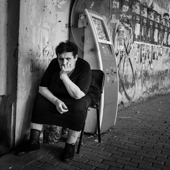 一幅黑白肖像画中，一位年长的妇女坐在户外，陷入沉思