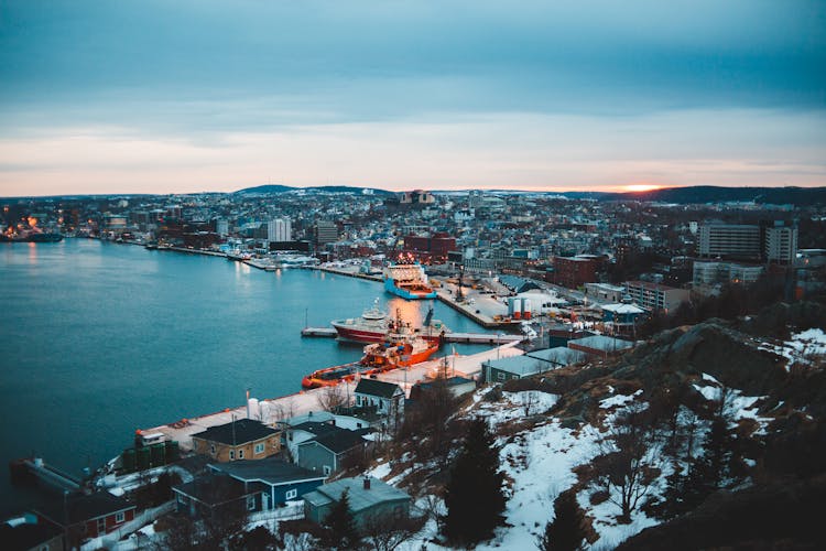 Coastal City In Winter Evening