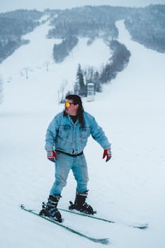A skier in a denim outfit enjoying a winter day on the snowy slopes of a mountain resort.