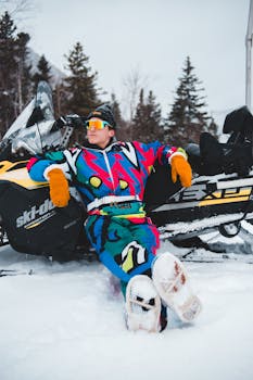 Full body man in colorful winter outerwear chilling near snowmobile in mountains with forest