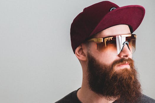 Portrait of young bearded man in cap and golden sunglasses looking away on gray background