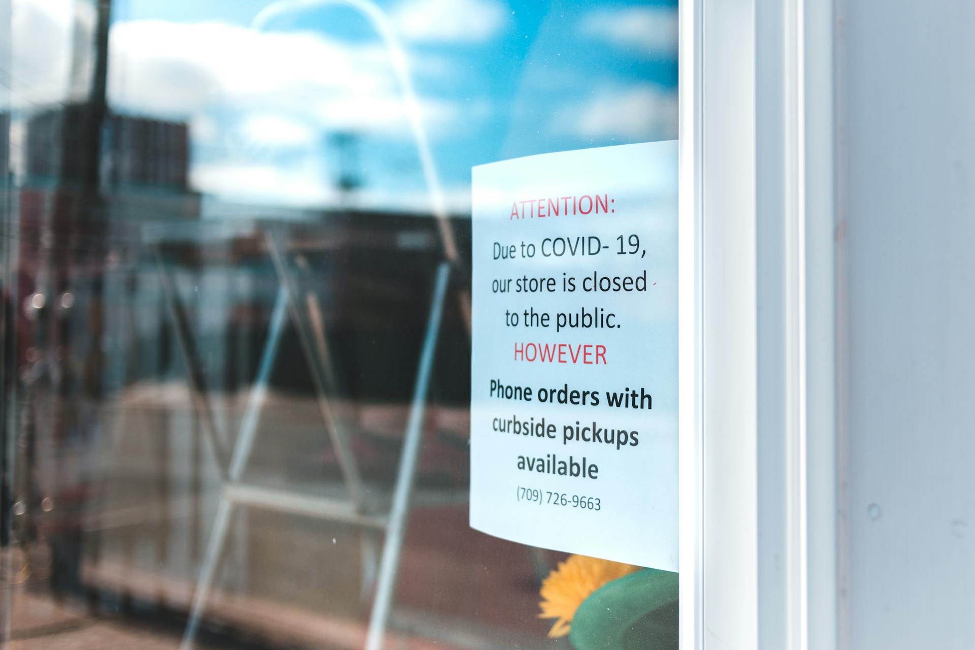 Paper sheet with warning information on glass wall of local city shop with portable ladder inside reflecting blue cloudy sky during quarantine period