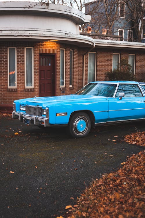 Blue Muscle Car Parked Near Brown Building