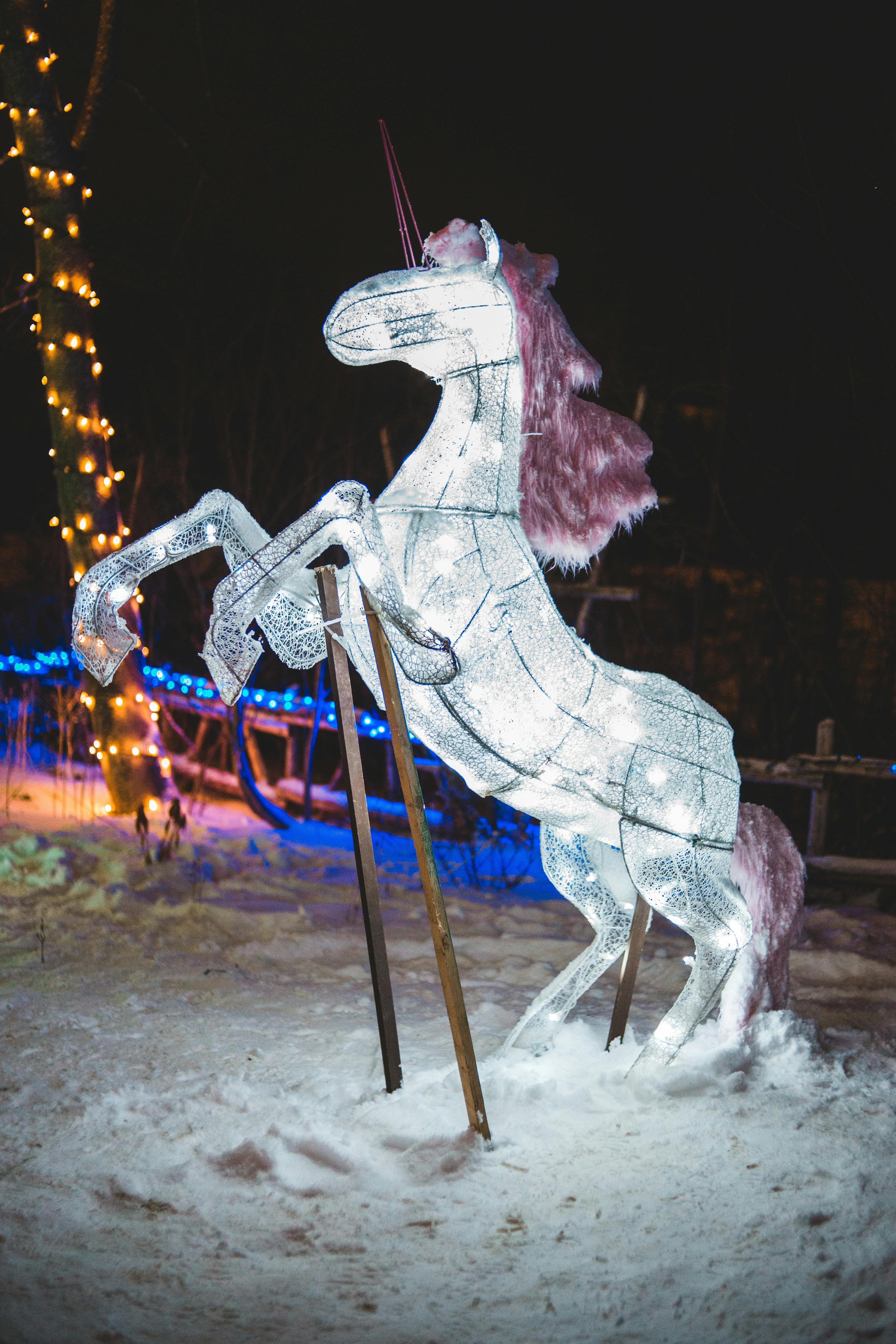 unicorn statue on snow during night time