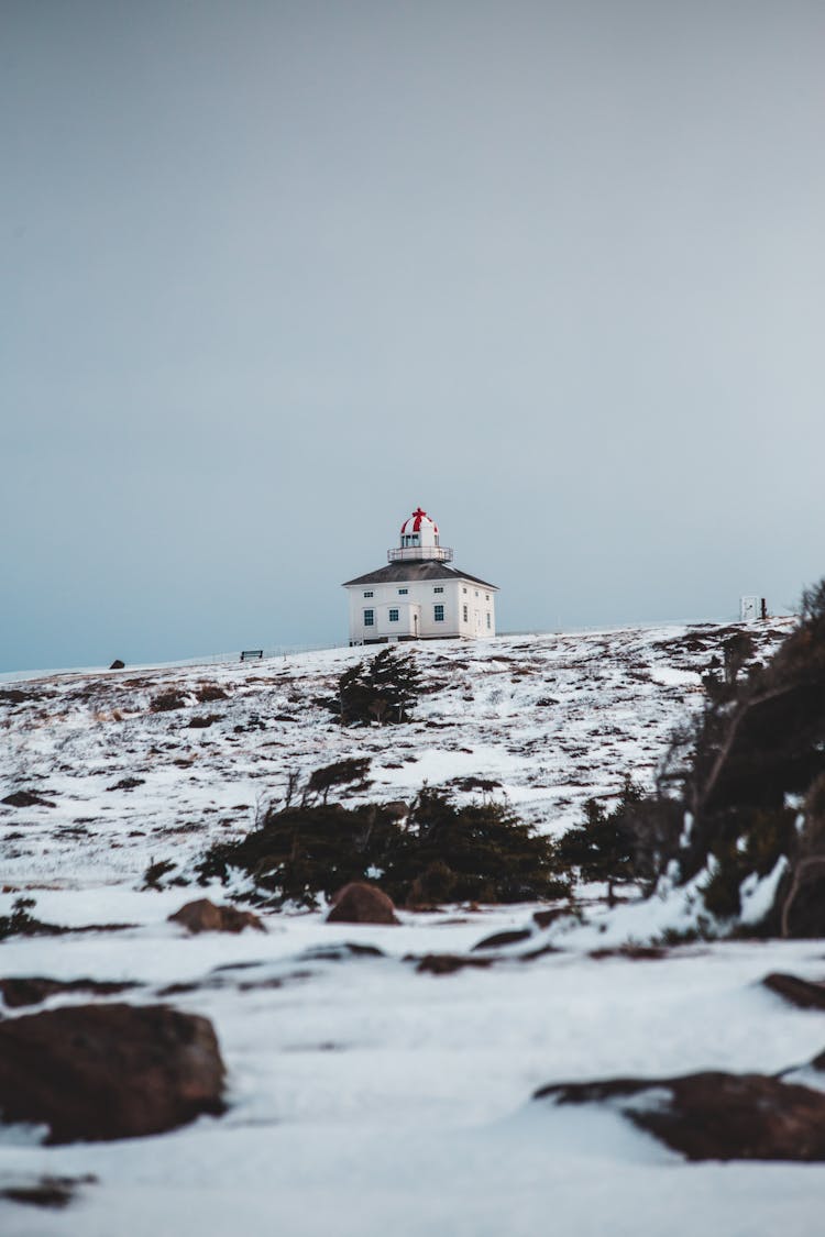 Old Church On Snowy Hill Under Serene Sky In Winter