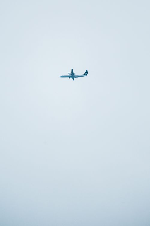 Free From below of contemporary design aircraft with metal wings and tail flying in serene sky in daylight Stock Photo