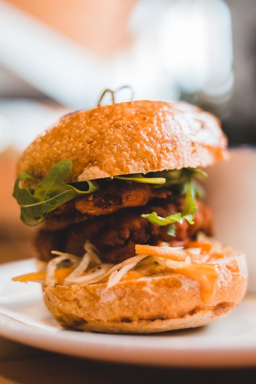 Free Appetizing hamburger with golden crispy buns and meat cutlet between grated carrot and fresh arugula leaves on ceramic plate in cafeteria Stock Photo