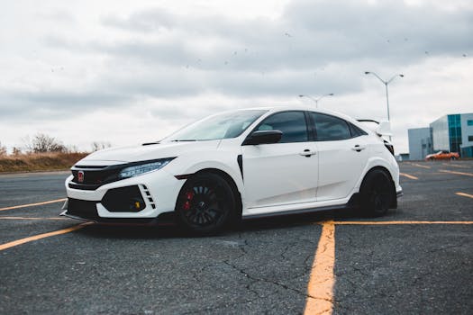 Side view of a white sports car parked in an urban lot with cloudy skies overhead.
