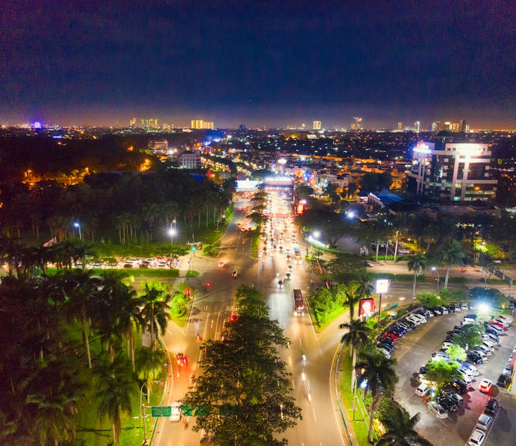 Aerial View Of City During Night Time