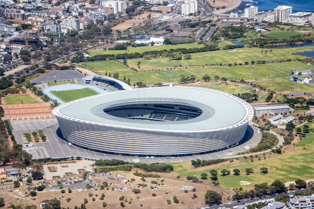 a stunning aerial shot showcasing the iconic cape town stadium surroun